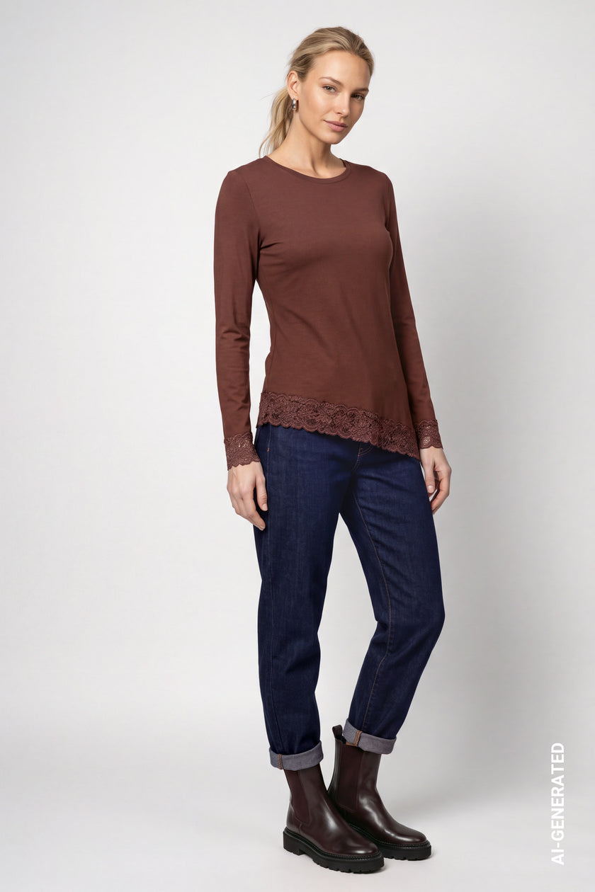 Langarmshirt - Spitzenborte - Casual